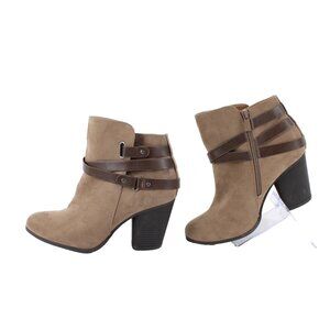 Torrid $81 Sz 10 Wide Tan Faux Suede w Faux Leather Wrap Accent 3" Heel Booties